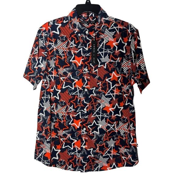 Edgar + Ash Mens M Stars Patriotic Button Up Short Sleeve Shirt Blue Orange New - Picture 1 of 8